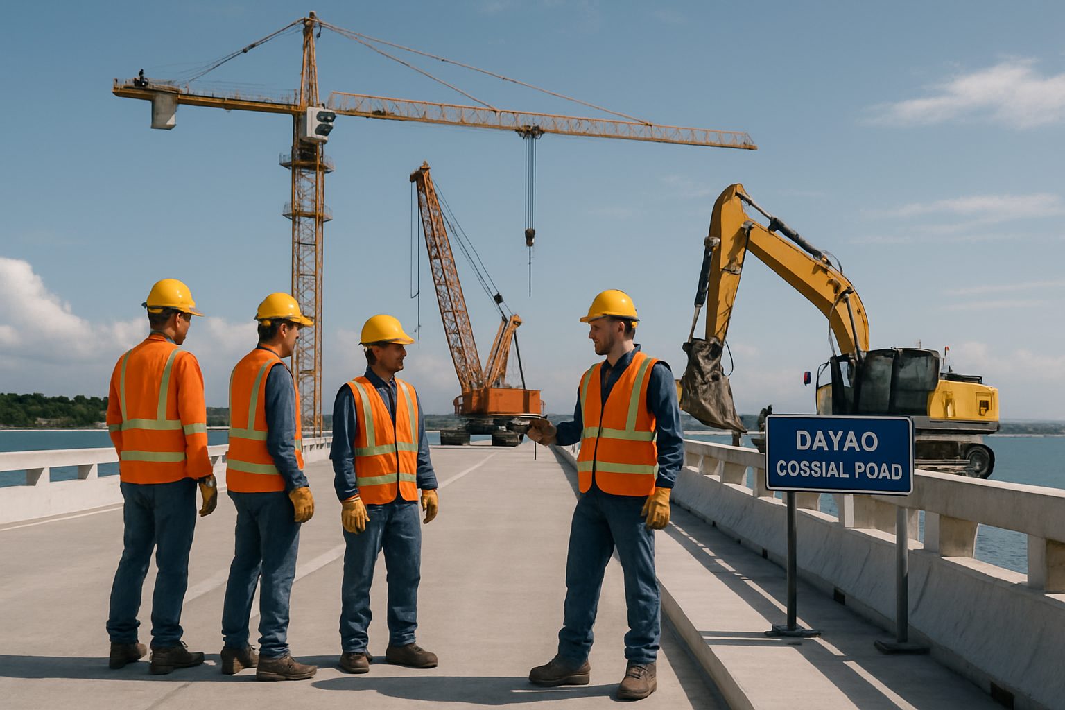Workers on Davao Coastal Road bridge construction with cranes.