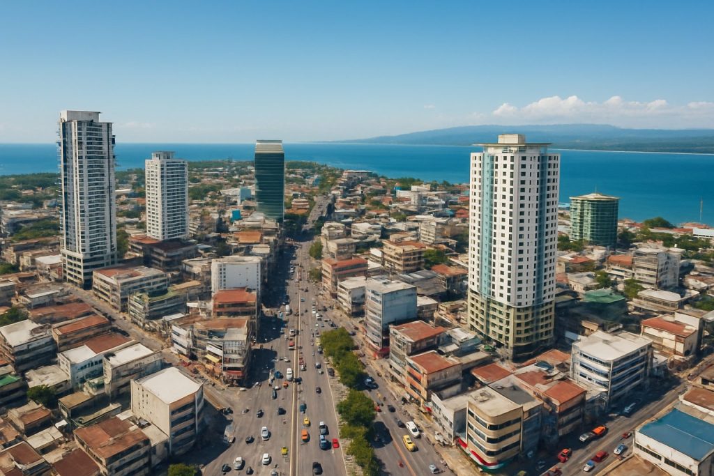 Aerial view of downtown Davao City with high-rise buildings and coastline.