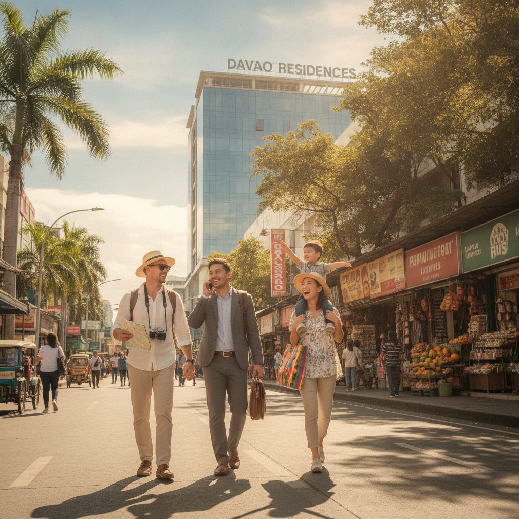 Diverse travelers, including tourists, a business person, and a family, walking on a sunny Davao street.