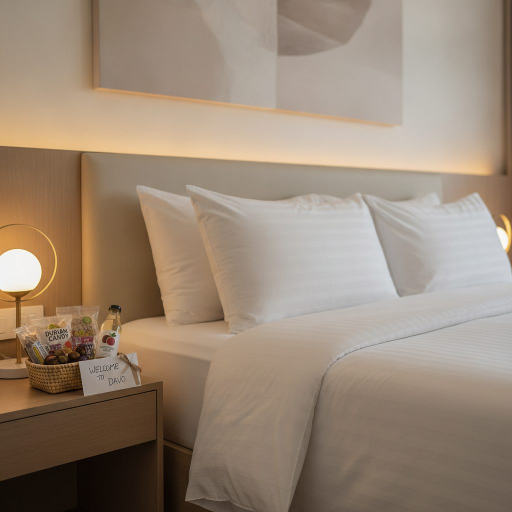 Comfortable bed with white linens and a welcome basket of local Davao treats on the bedside table.