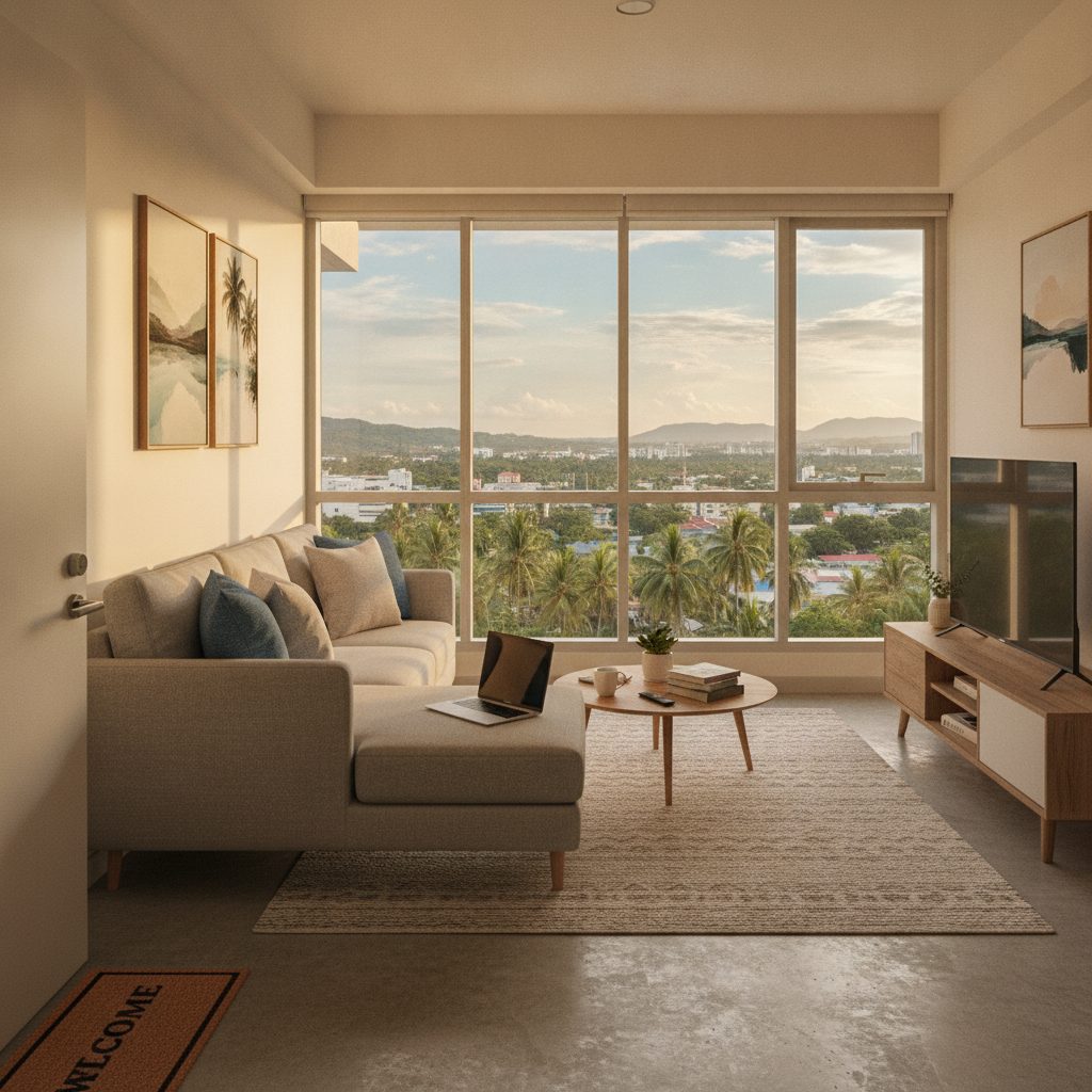 Modern, inviting apartment living room with laptop and welcome mat, hint of Davao skyline outside.